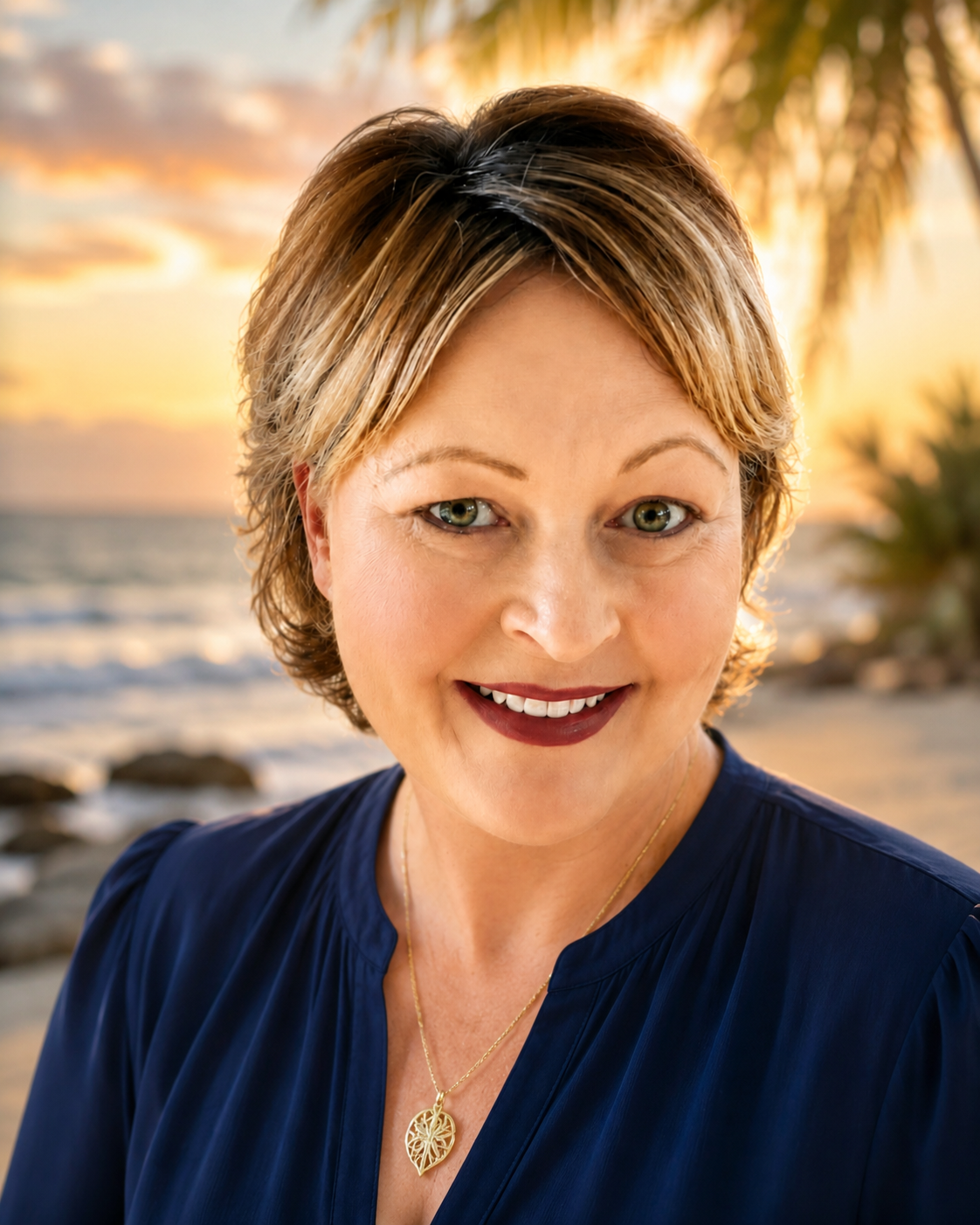 Portrait of Gwen Carmicheael at golden hour on the beach, with palm fronds and ocean waves behind her.
