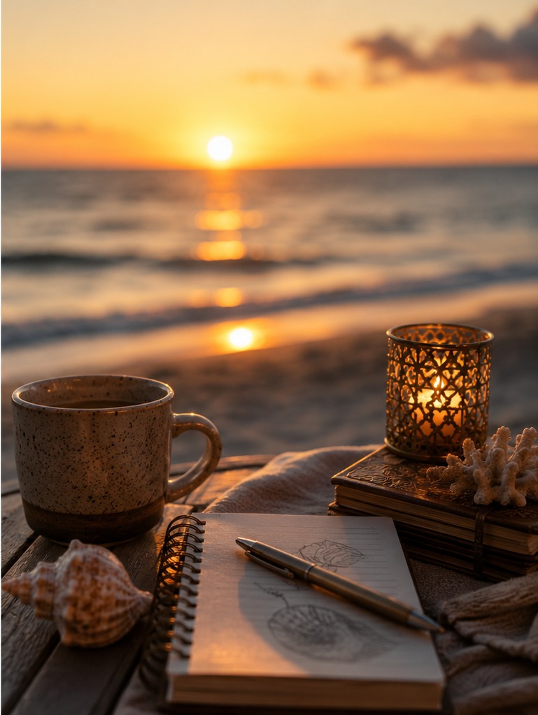 A speckled ceramic mug, an open sketchbook, and a lantern on weathered wood as the sun sets over the ocean.