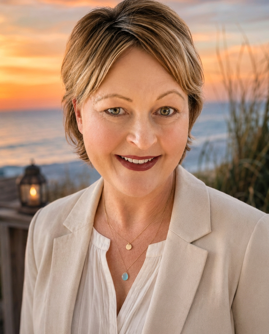 Portrait of Gwen Carmichael at sunset by the ocean, with sea oats and a lantern glowing nearby.