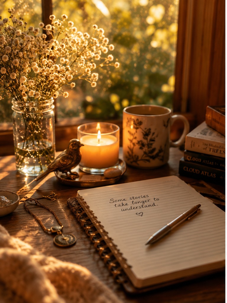 A journal open on a wooden desk with the handwritten line ‘Some stories take longer to understand,’ beside a candle, a mug, and baby's breath at golden hour.